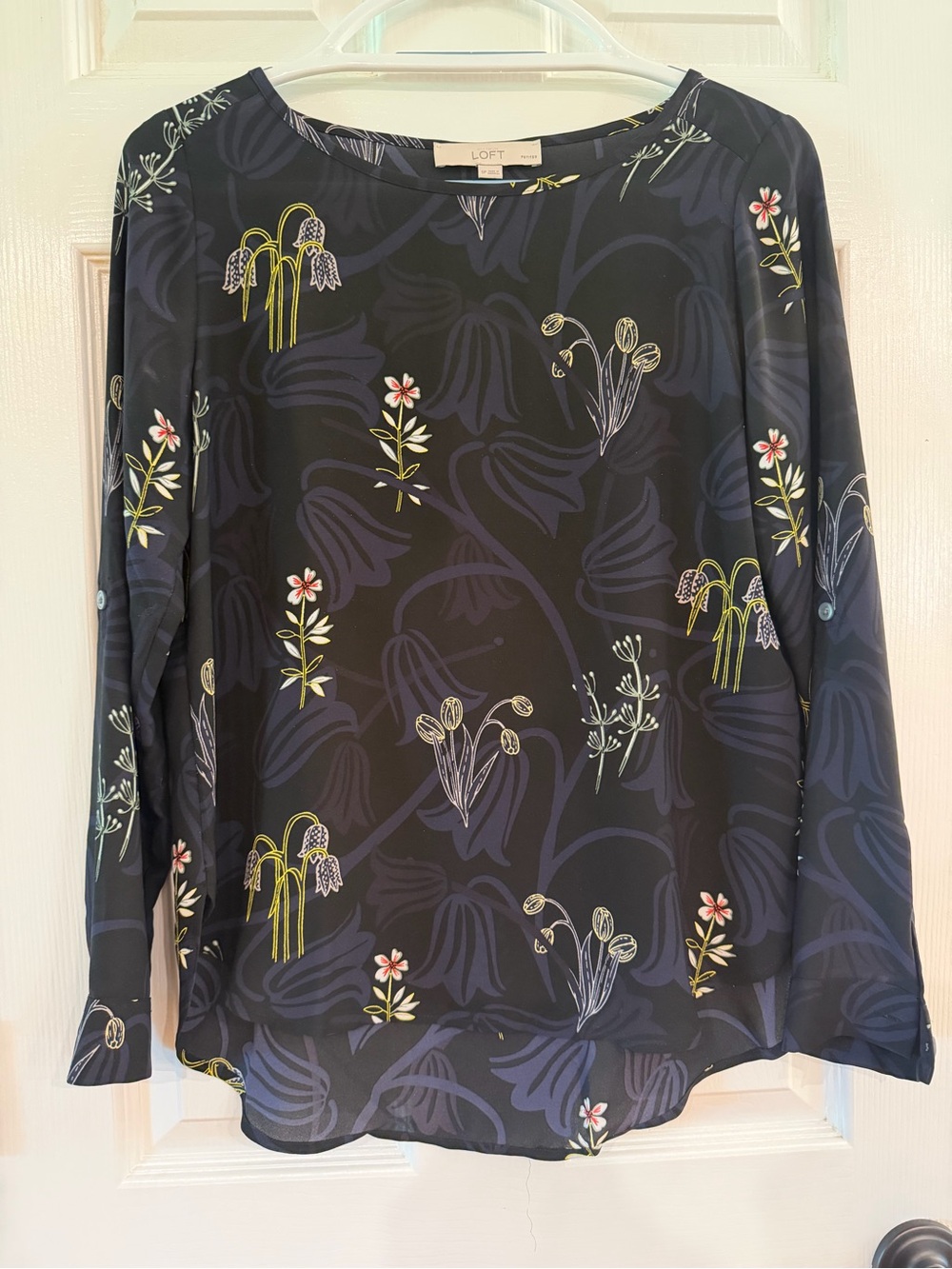 LOFT Navy Floral Long-Sleeve Blouse with Pink and Yellow Accents